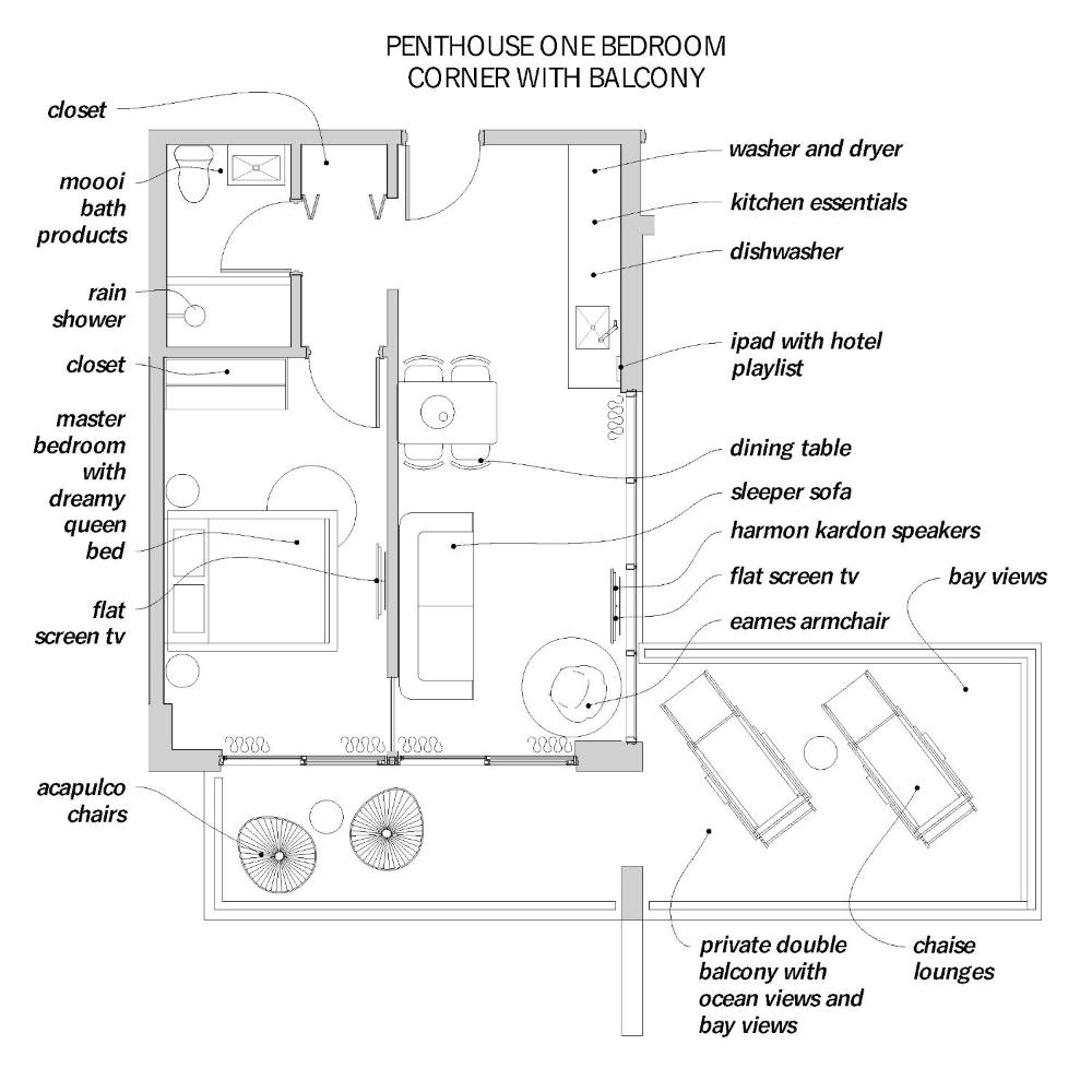 Penthouse Corner One-Bedroom Suite with Kitchenette and Terrace interior