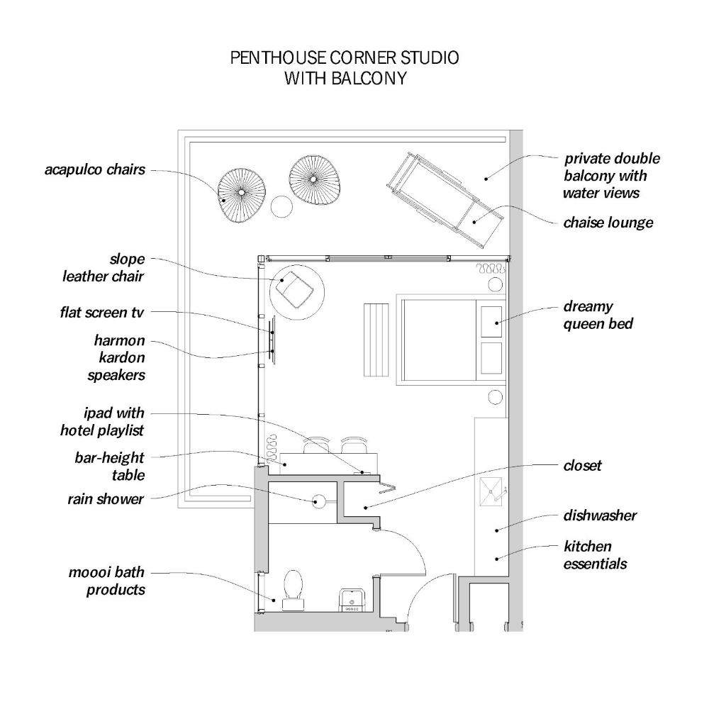 Penthouse Corner Studio with Kitchenette and Terrace interior