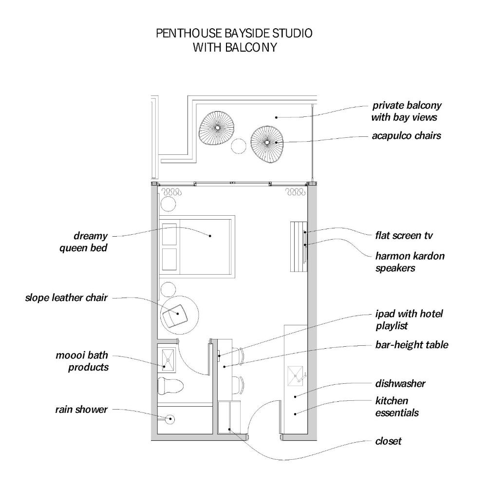 Penthouse Bayside Studio with Kitchenette and Balcony interior